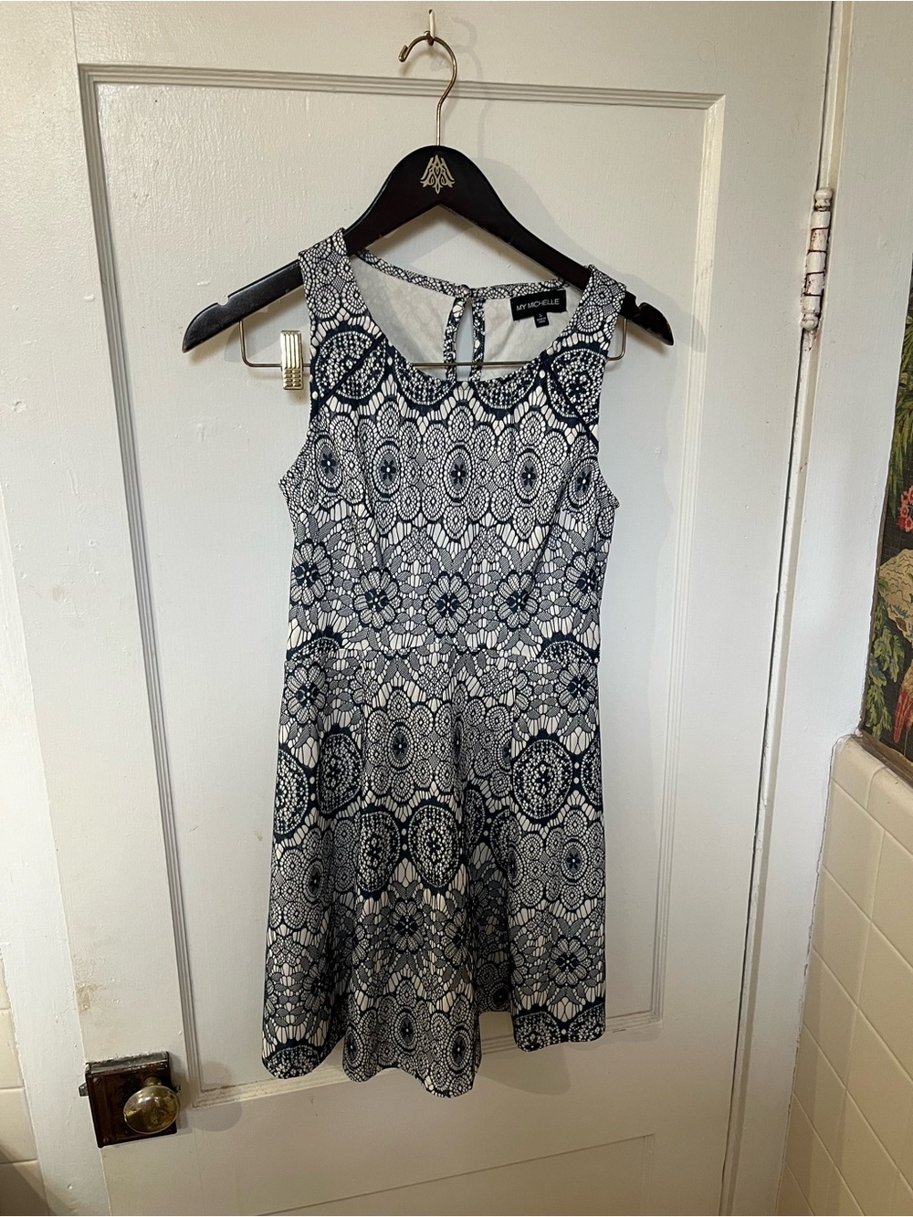 My Michelle Navy Blue Ivory Lace Skater Dress Small EUC Fit Flare Sleeveless
